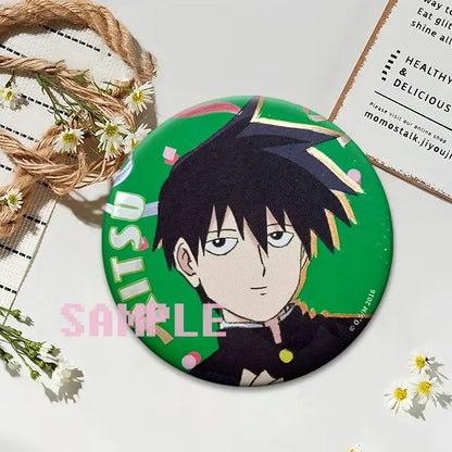 Green circular mob psycho shigeo kageyama button pin featuring anime character with black spiky hair in dark uniform