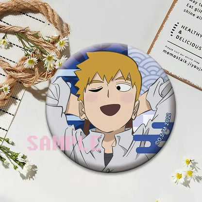 Circular mob psycho 100 shigeo kageyama button pin featuring a smiling blonde figure in white coat on blue gray background