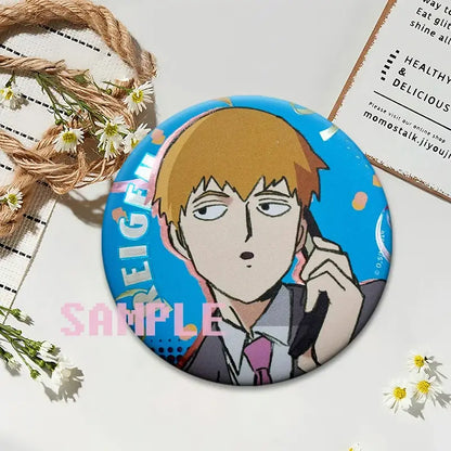 Blue circular mob psycho 100 shigeo kageyama button pin featuring anime character with blonde hair and pink tie