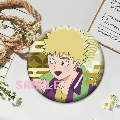 Mob psycho 100 shigeo kageyama button pin featuring spiky blonde hair blue eyes and purple jacket on round badge