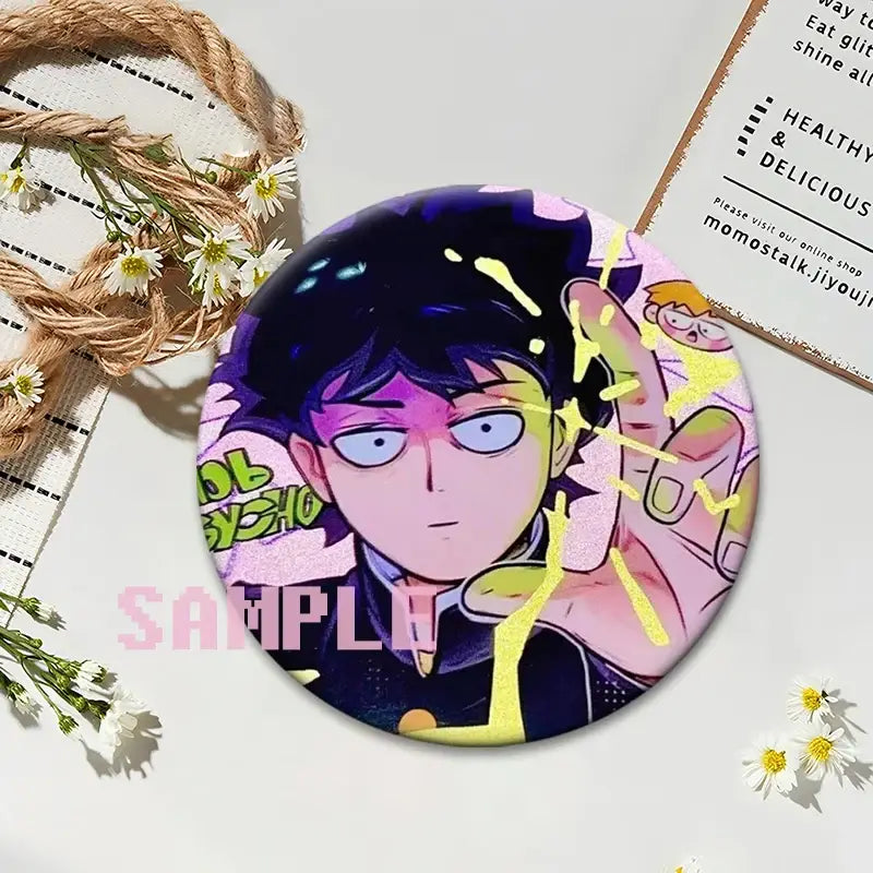Mob psycho 100 shigeo kageyama button pin featuring a vibrant purple pink and yellow glossy plastic round badge