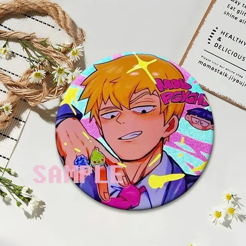 Vibrant round mob psycho 100 shigeo kageyama button pin with blonde character and glittery pink purple background