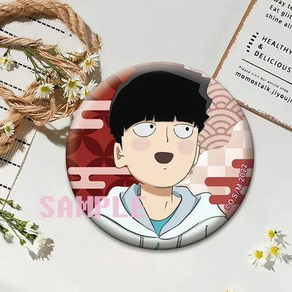 Mob psycho 100 shigeo kageyama button pin featuring a black-haired boy with wide eyes on red and white badge