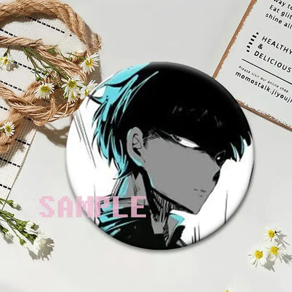Circular mob psycho 100 shigeo kageyama button pin featuring black-and-teal anime character with sharp hair and intense eyes