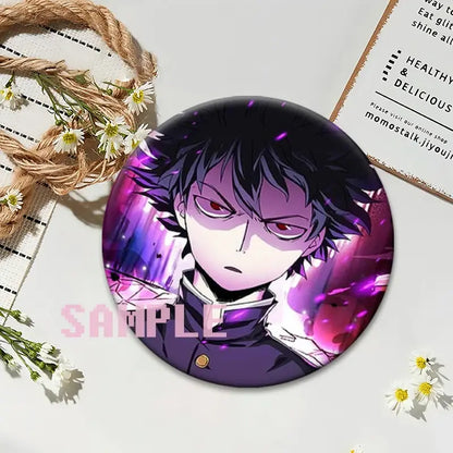 Mob psycho 100 shigeo kageyama button pin featuring spiky black hair red eyes on purple pink gradient round badge