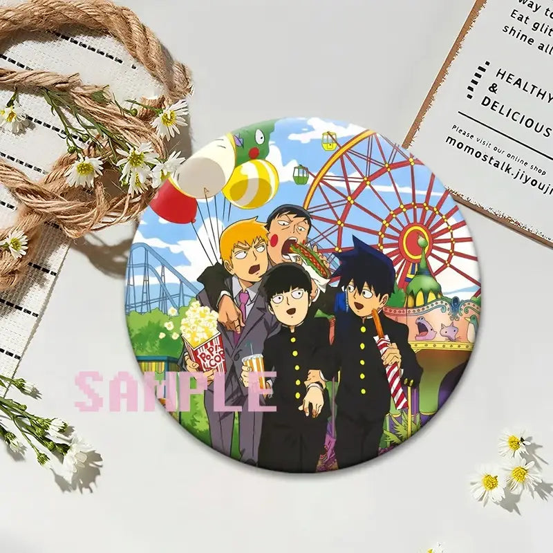Circular mob psycho 100 shigeo kageyama button pin with anime characters in black uniforms and colorful amusement park background