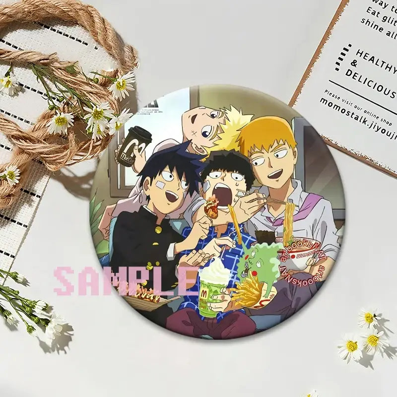 Mob psycho 100 shigeo kageyama button pin featuring vibrant circular anime art of jujutsu kaisen characters with fast food