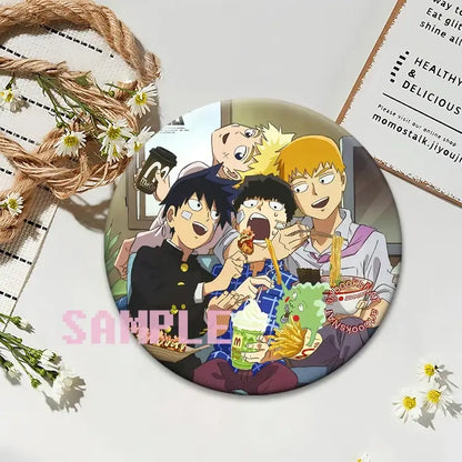 Mob psycho 100 shigeo kageyama button pin featuring vibrant circular anime art of jujutsu kaisen characters with fast food