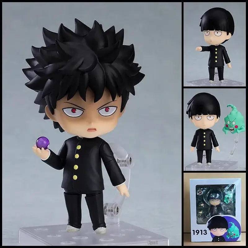 Mob psycho 100 shigeo kageyama chibi figure with black spiky hair and posable faces holding a purple orb