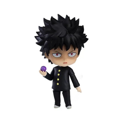 Mob psycho shigeo kageyama chibi figure in black uniform with yellow buttons holding a purple orb with posable faces