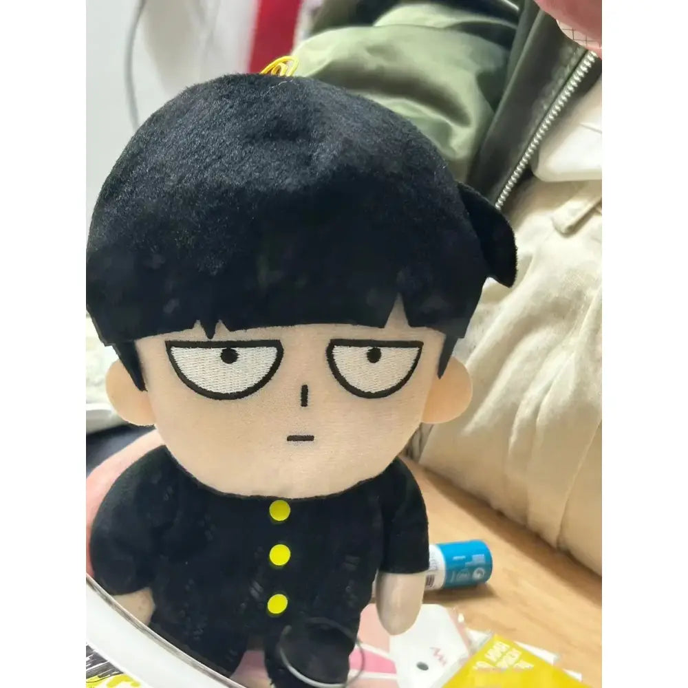 Mob psycho 100 shigeo kageyama black plush figure with short hair yellow buttons and stern expression cotton doll plush