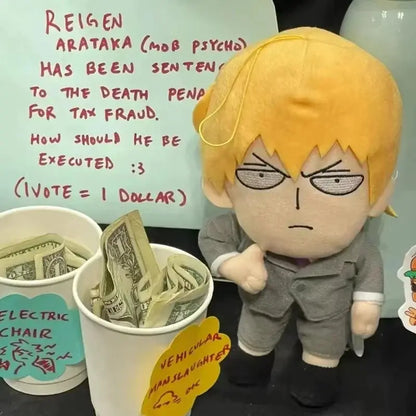 Yellow-haired reigen arataka plush figure in gray suit with embroidered face made of cotton doll plush material