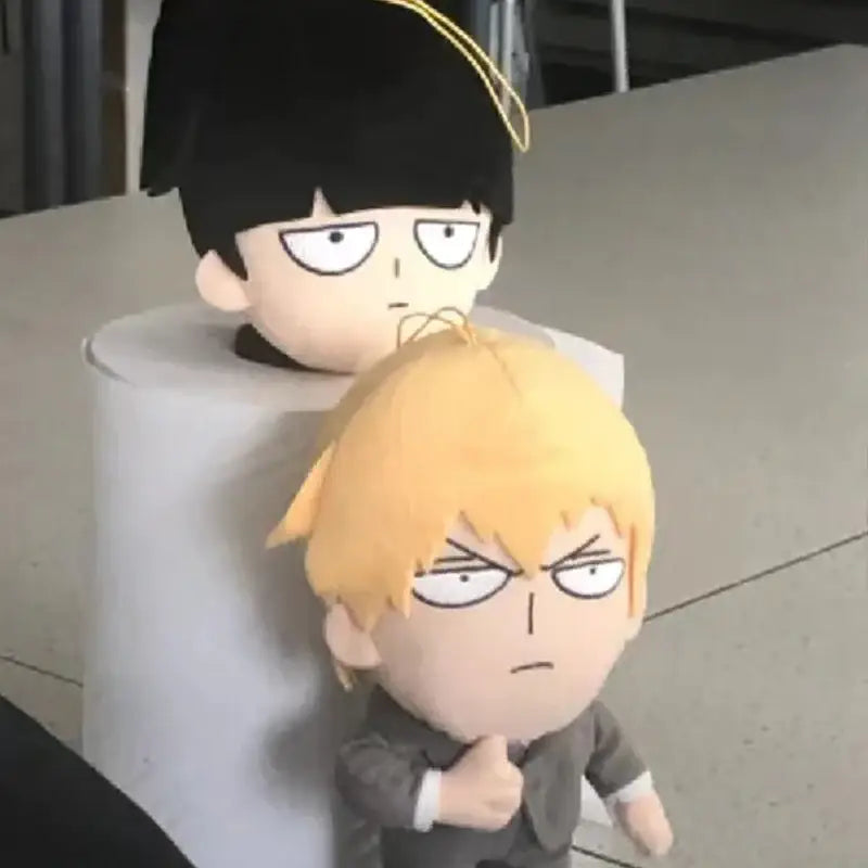 Mob psycho 100 shigeo kageyama black and blonde cotton doll plush figures with stitched features and fabric clothing