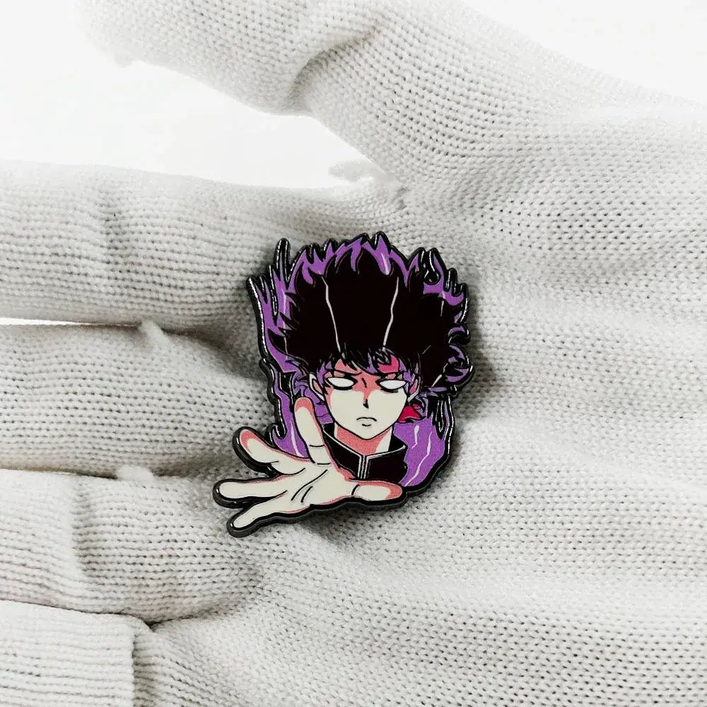 Purple and black enamel mob psycho shigeo kageyama enamel pin featuring a stylized anime character with spiky hair and outstretched hand