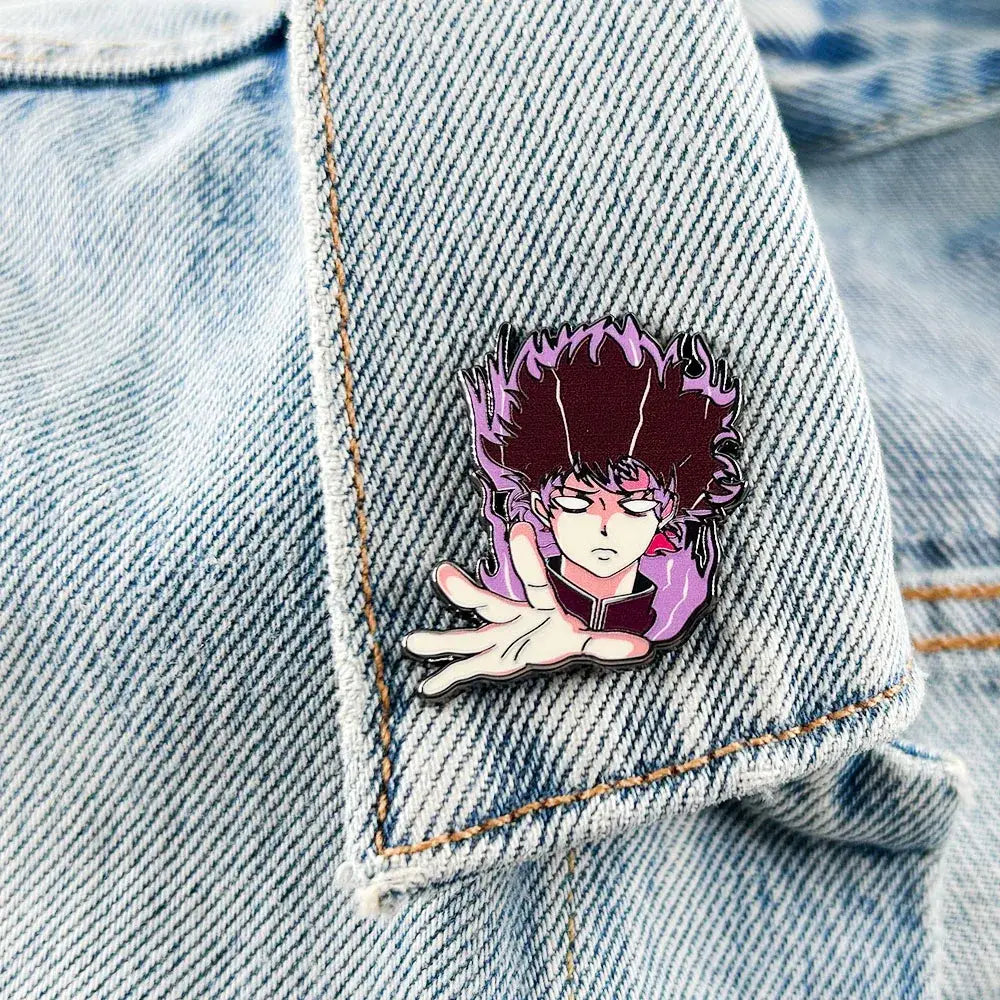 Purple and black mob psycho spiky hair enamel pin featuring shigeo kageyama with high collar outfit rage badge