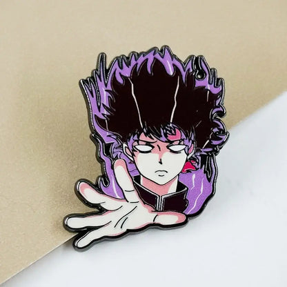 Purple and black mob psycho shigeo kageyama enamel pin featuring a stylized anime character with spiky hair and outstretched hand