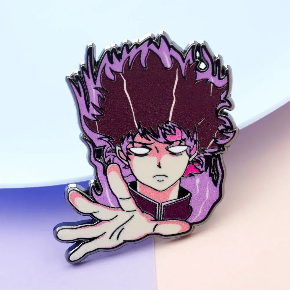 Purple and pink mob psycho 100 shigeo kageyama enamel pin with spiky hair and hand gesture rage badge design