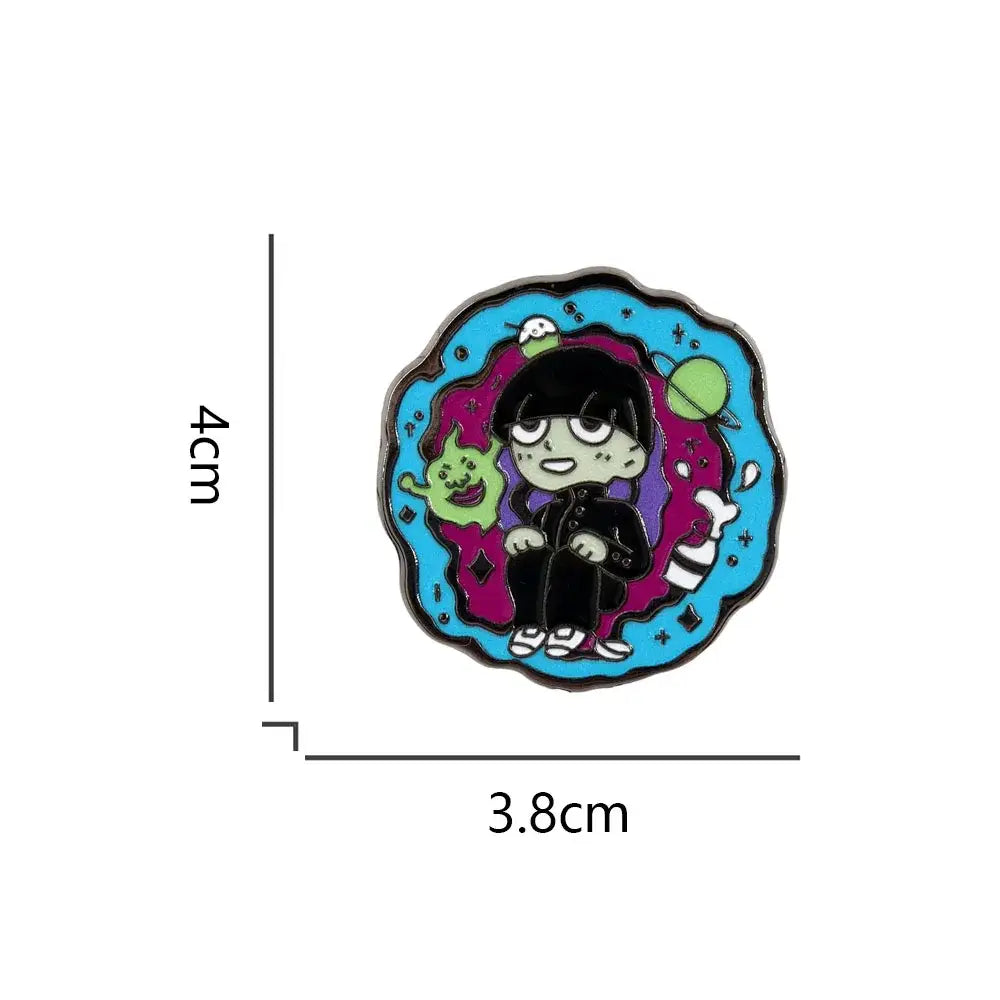 Mob psycho 100 shigeo kageyama lapel pin featuring a green skin cartoon character on a blue cosmic floating badge