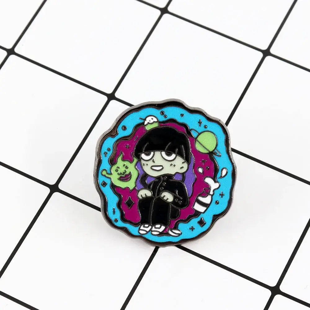 Colorful enamel floating badge of shigeo kageyama with green alien on cosmic background kageyama lapel pin