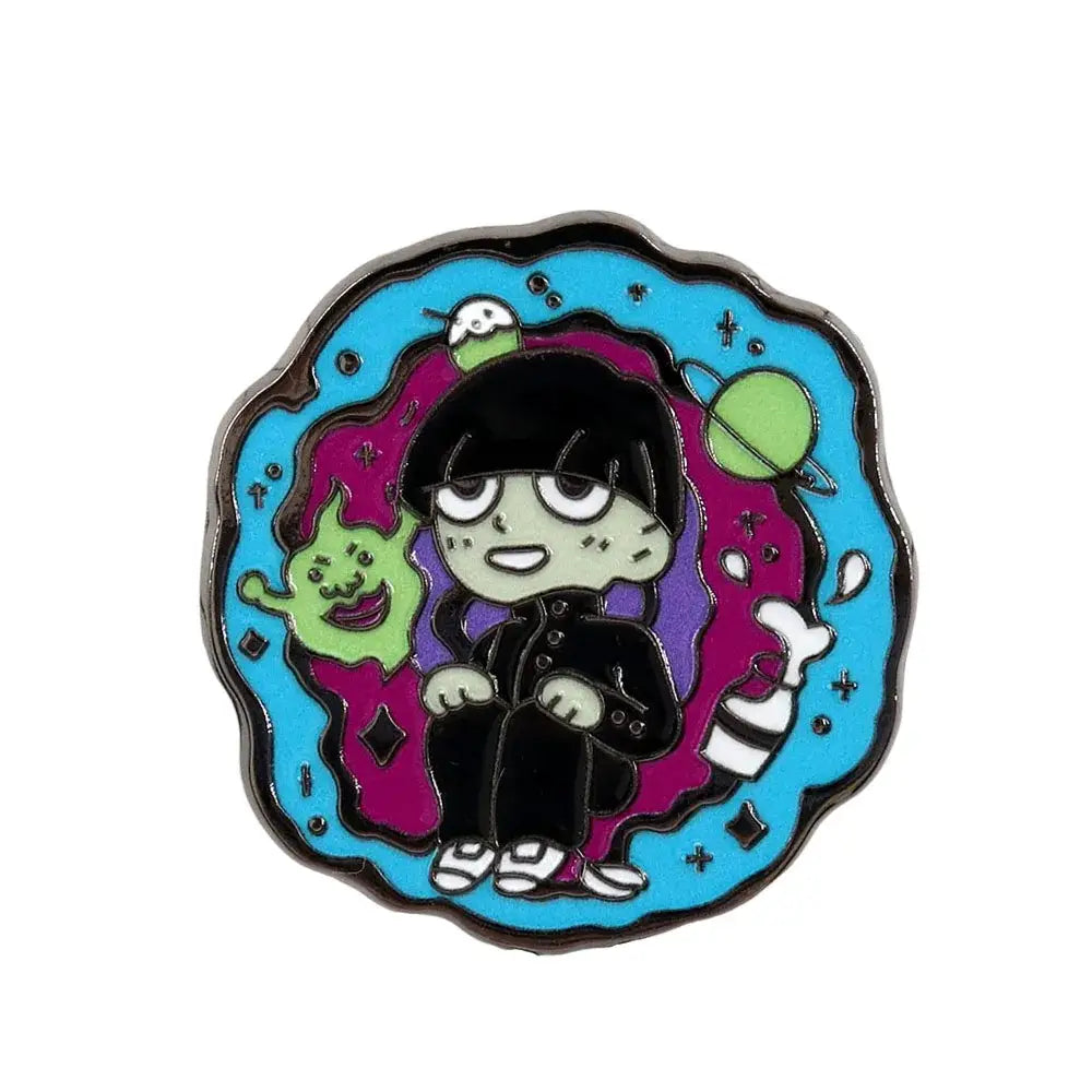Colorful enamel mob psycho 100 floating badge featuring shigeo kageyama lapel pin with cosmic background and green monsters