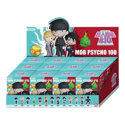 Red and teal display box for mob psycho 100 shigeo kageyama mini figure blind box collectible by jandao