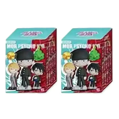 Two identical mob psycho 100 shigeo kageyama mini figure blind boxes with colorful red and teal packaging