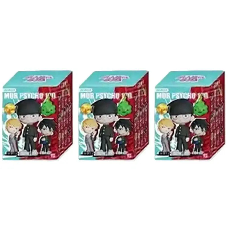 Three mob psycho 100 shigeo kageyama mini figure blind boxes with cartoon characters in black uniforms on red teal background