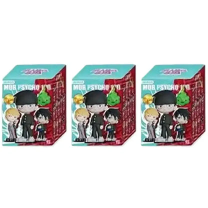 Three mob psycho 100 shigeo kageyama mini figure blind boxes with cartoon characters in black uniforms on red teal background