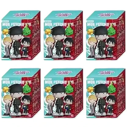 Six collectible mob psycho 100 shigeo kageyama mini figure blind boxes with chibi character illustrations on front panels