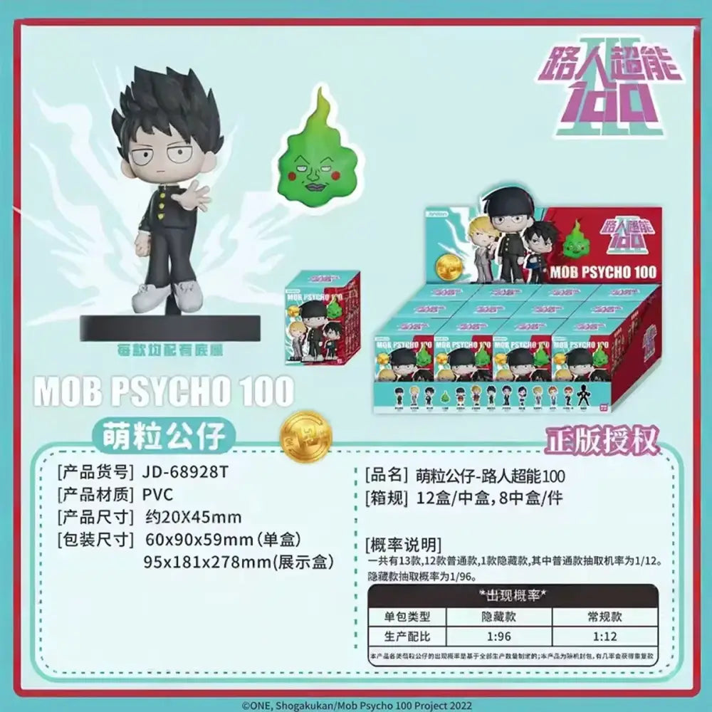 Black pvc shigeo kageyama mini figure with spiky hair and glasses standing on black base from mob psycho 100 blind box