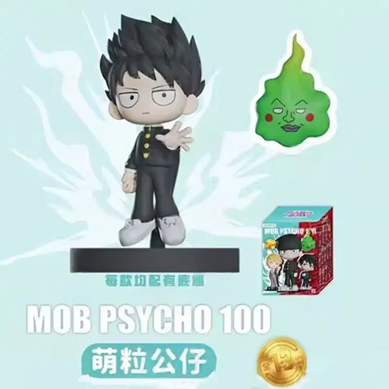 Black and white chibi style shigeo kageyama mini figure standing on black base with gold buttons from mob psycho 100 blind box