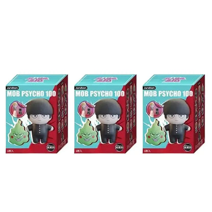 Three identical mob psycho 100 shigeo kageyama mini figure blind box vol 2 featuring black-haired character and green creature