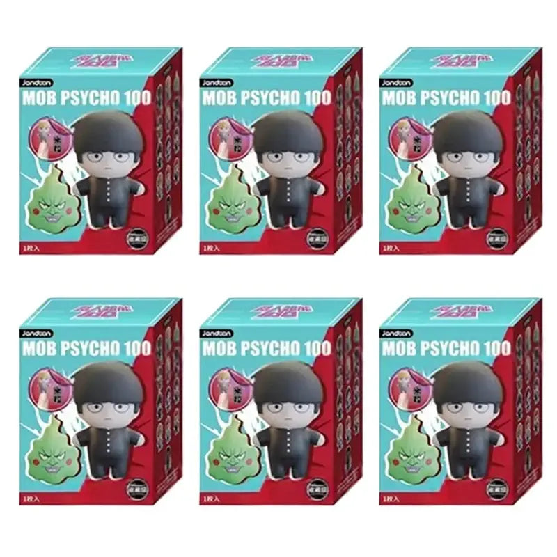 Black and white chibi mob psycho 100 shigeo kageyama mini figure blind box in red and teal jandson packaging