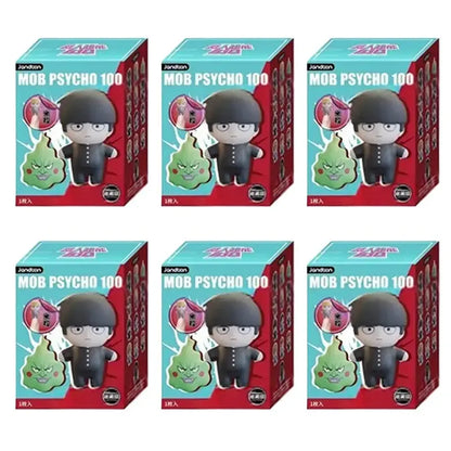 Black and white chibi mob psycho 100 shigeo kageyama mini figure blind box in red and teal jandson packaging