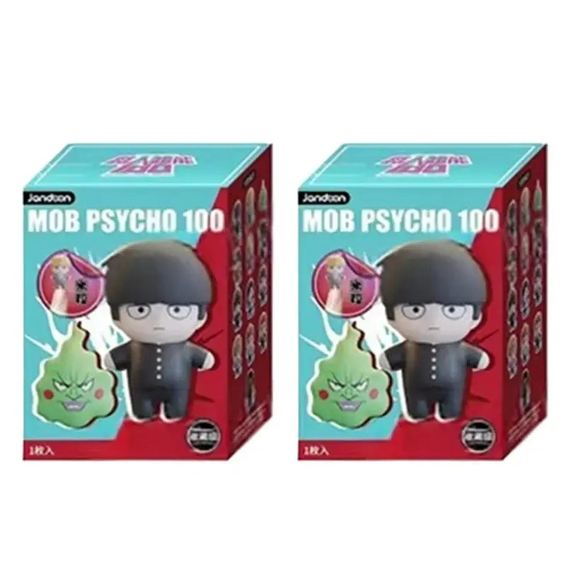 Black and white chibi-style mob psycho mini figure of shigeo kageyama with glasses in colorful blind box packaging
