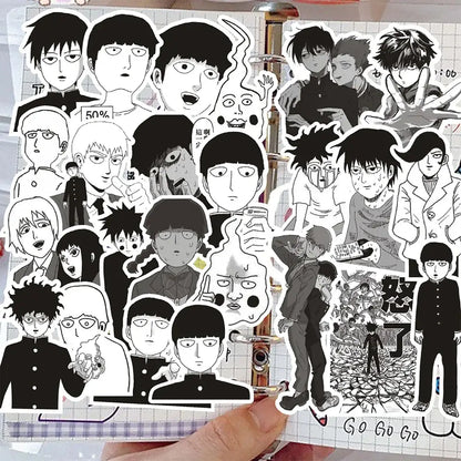 Black and white jujutsu kaisen anime character sticker set featuring various expressions for shigeo kageyama sticker fans