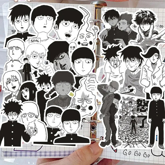 Black and white jujutsu kaisen anime character sticker set featuring various expressions for shigeo kageyama sticker fans