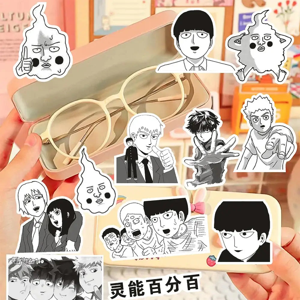 Mob psycho 100 shigeo kageyama sticker set featuring black-and-white waterproof decals with anime characters on a light surface