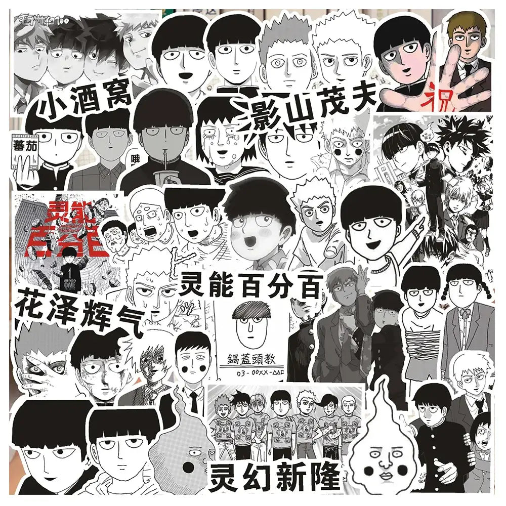 Black and white anime sticker set featuring saitama genos and fubuki from one punch man in a shigeo kageyama sticker set