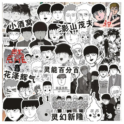 Black and white anime sticker set featuring saitama genos and fubuki from one punch man in a shigeo kageyama sticker set