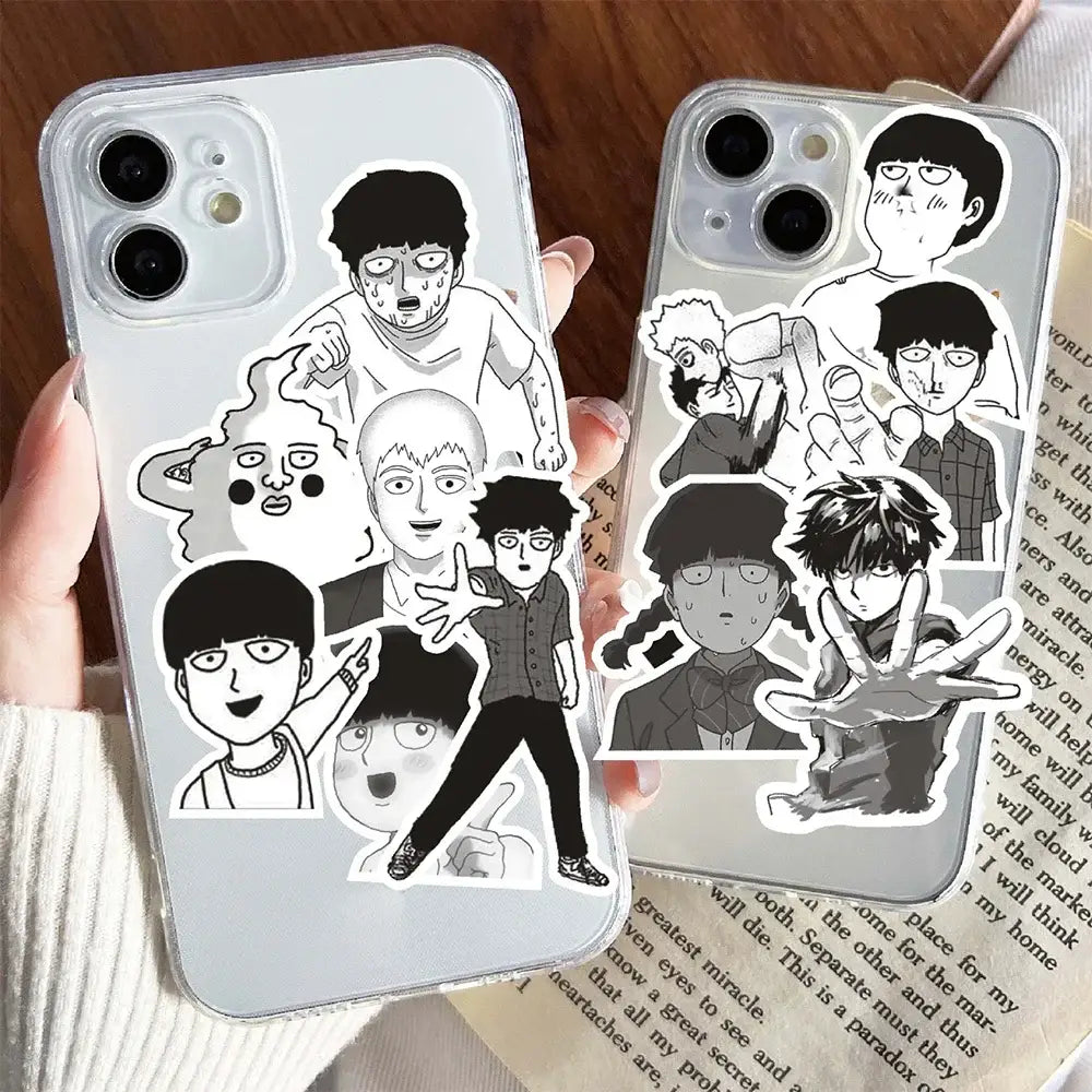 Clear phone case with black and white shigeo kageyama sticker set from mob psycho 100 kageyama sticker set