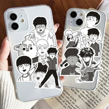 Clear phone case with black and white shigeo kageyama sticker set from mob psycho 100 kageyama sticker set
