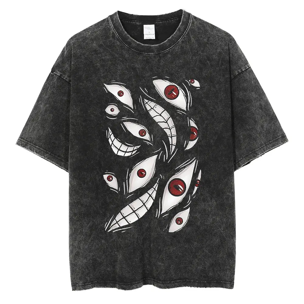 Black distressed washed cotton mob psycho shigeo kageyama t-shirt with white eyes and red pupils graphic design