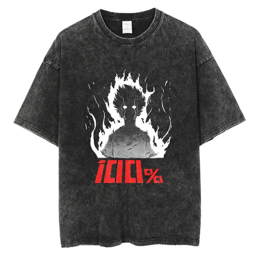 Black distressed washed cotton t-shirt with white flaming anime character and red icici percent text mob psycho shigeo kageyama
