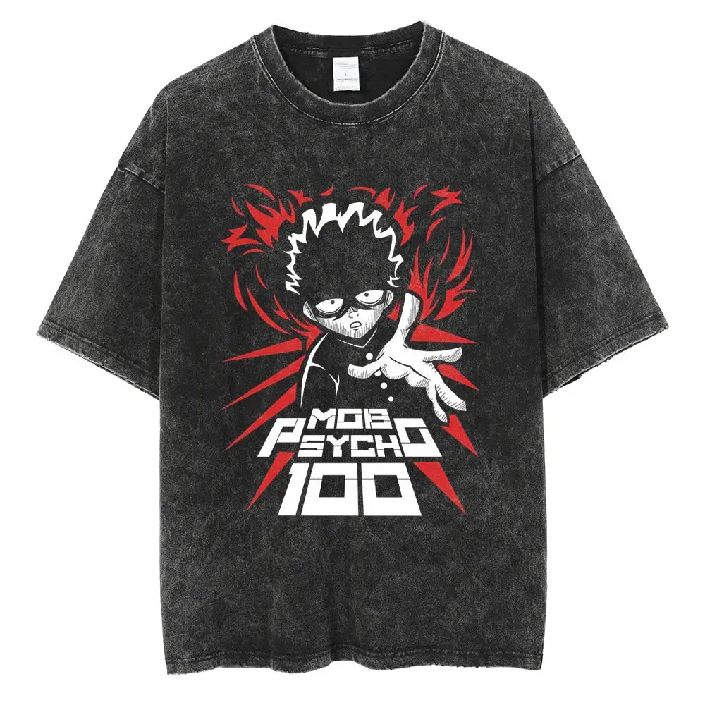 Black distressed mob psycho 100 t-shirt featuring shigeo kageyama graphic with red flame accents in washed cotton