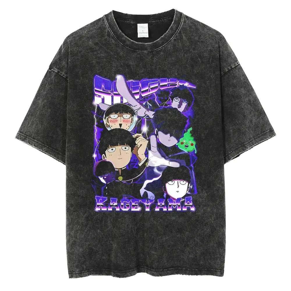 Black distressed washed cotton t-shirt featuring vibrant purple and blue mob psycho shigeo kageyama graphic design
