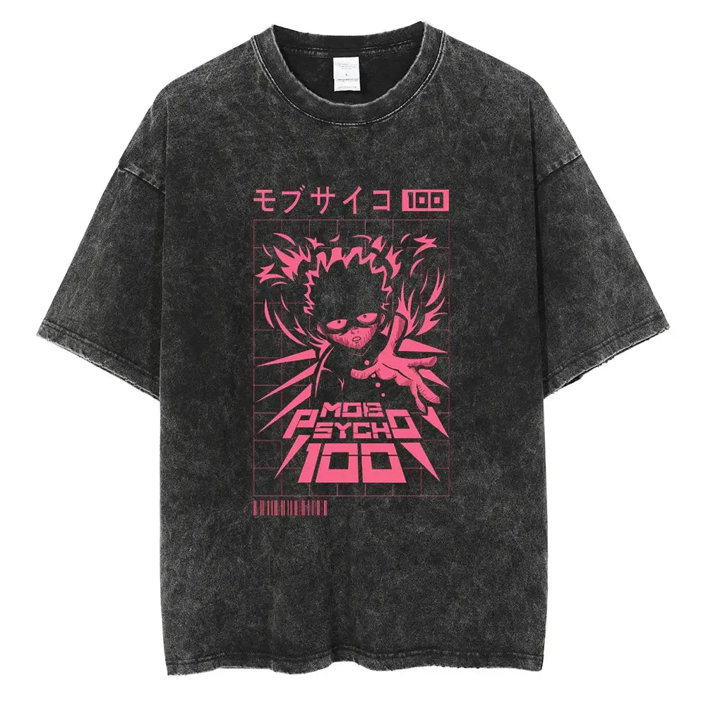 Black distressed washed cotton t-shirt with vibrant pink shigeo kageyama graphic and mob psycho text in japanese and english