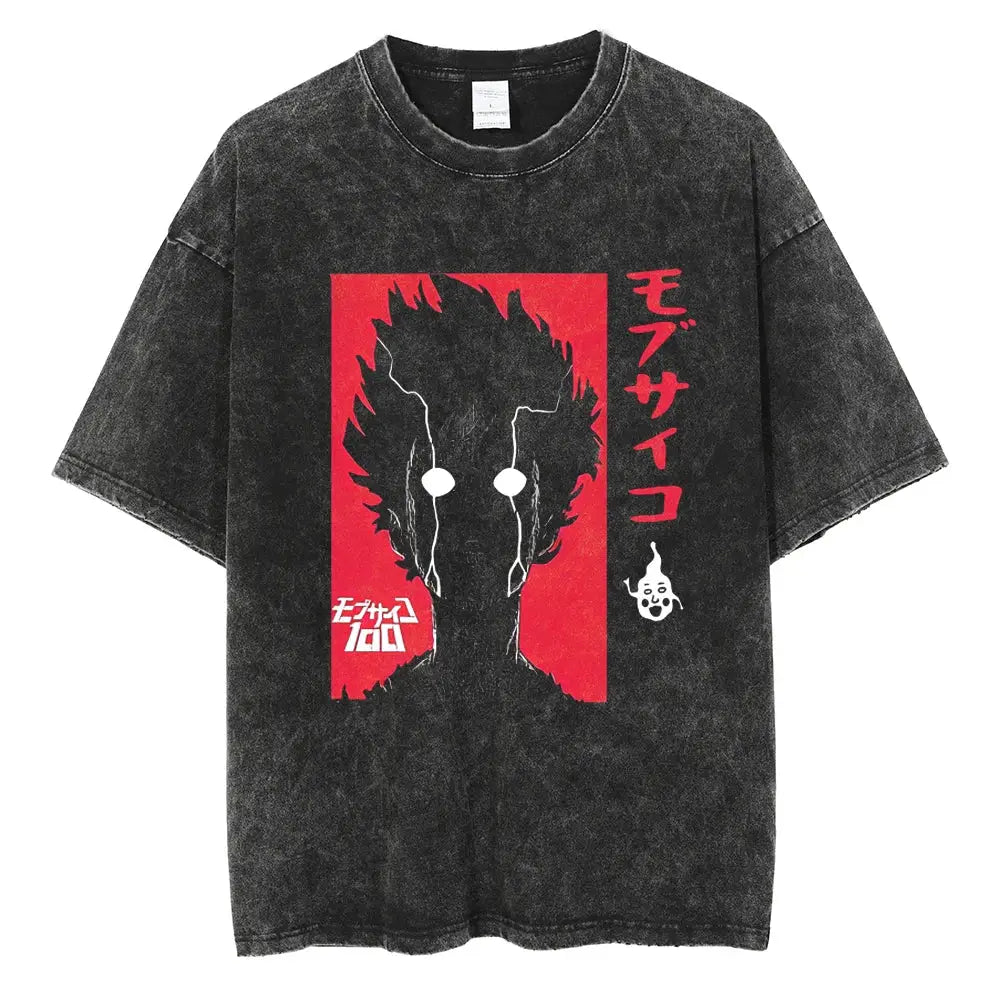 Black distressed mob psycho 100 shigeo kageyama t-shirt with bold red anime graphic in washed cotton