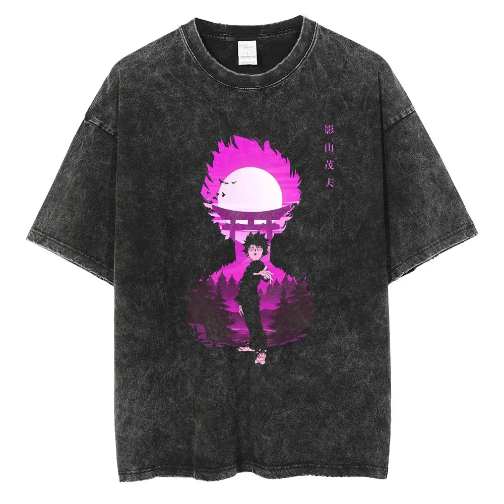 Black distressed washed cotton mob psycho t-shirt featuring shigeo kageyama anime graphic with torii gate and moon