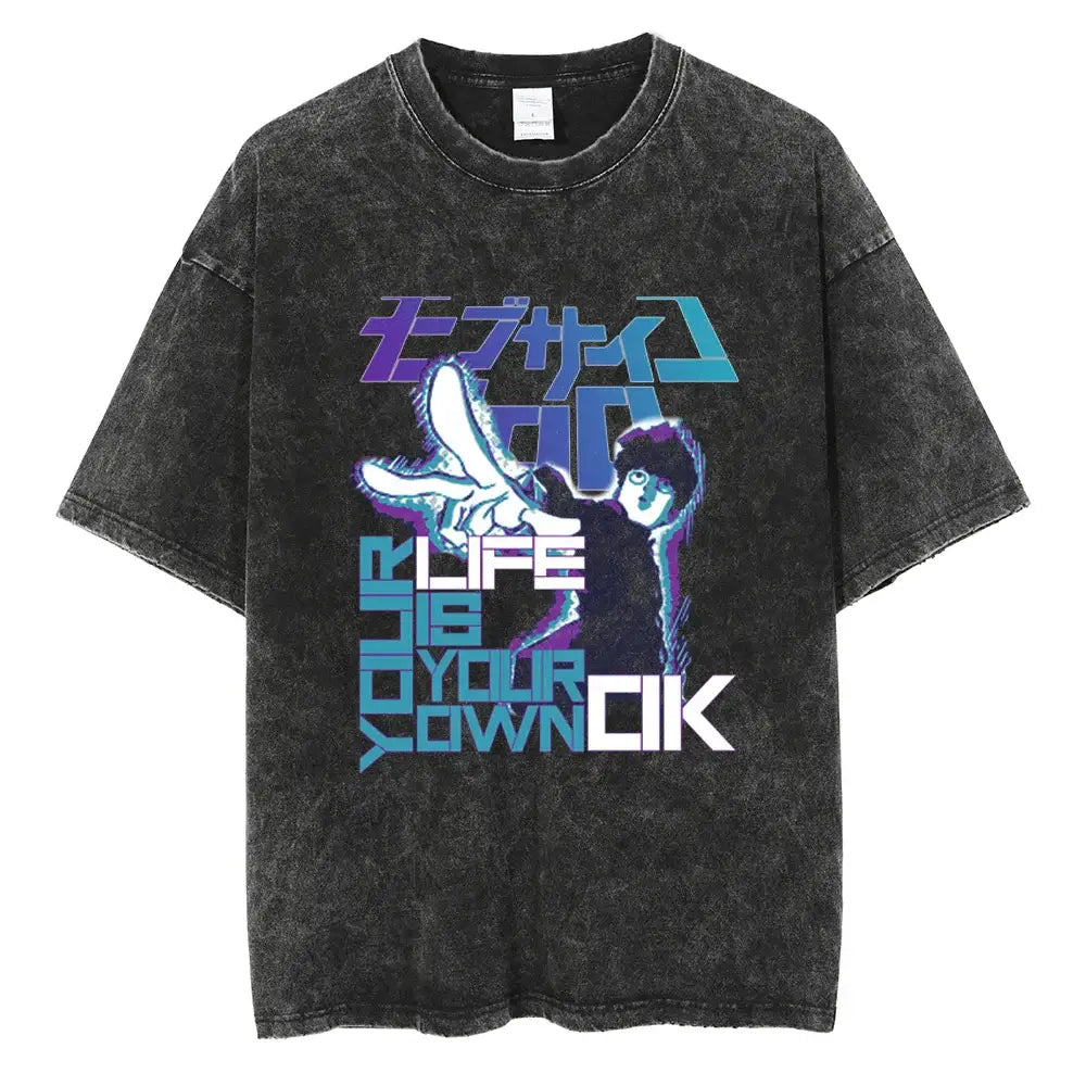 Black distressed washed cotton mob psycho shigeo kageyama t-shirt with vibrant anime graphic and neon text